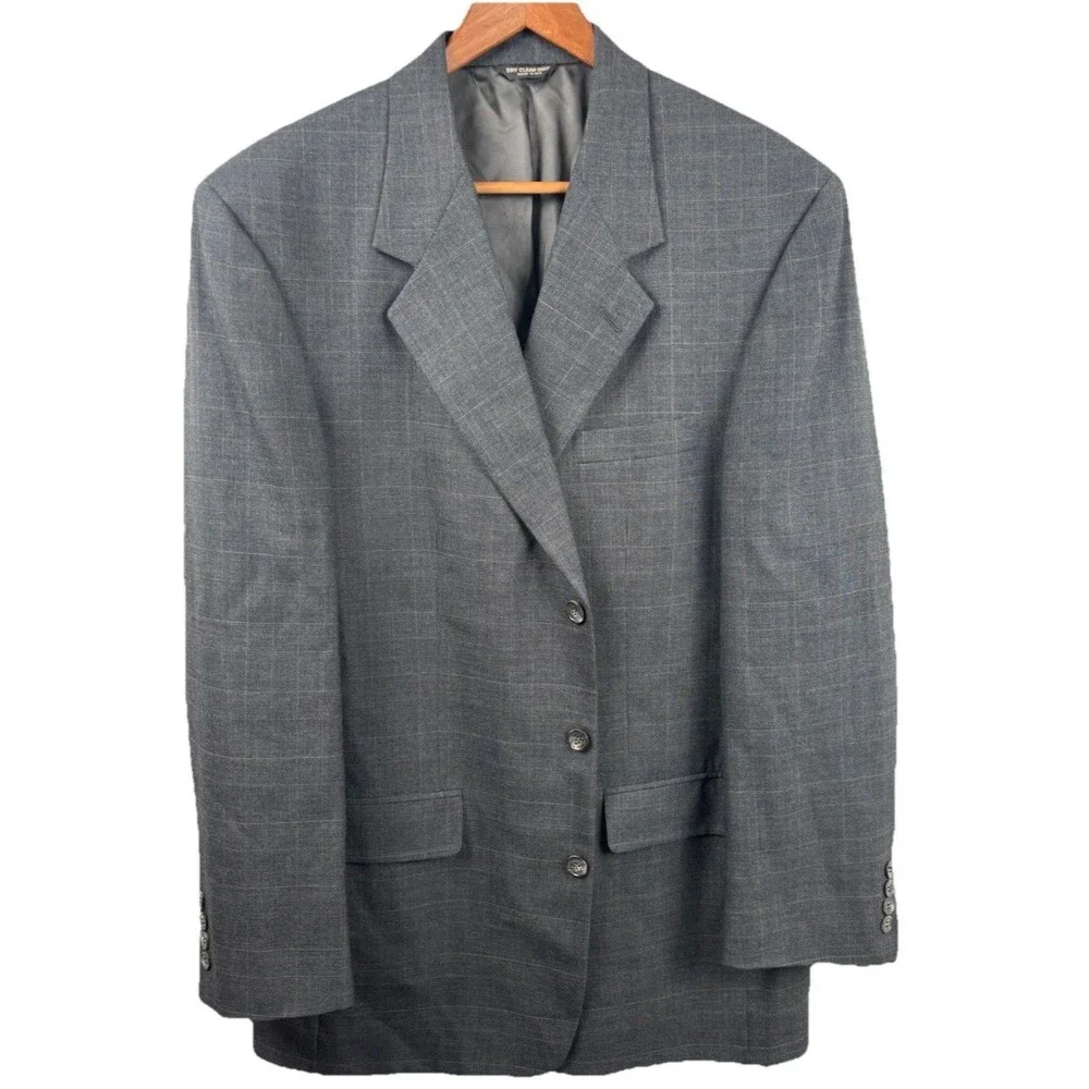 VINTAGE Bill Blass Mens 42L Blazer Jacket 100% Wool Glen Plaid Gray Made in USA